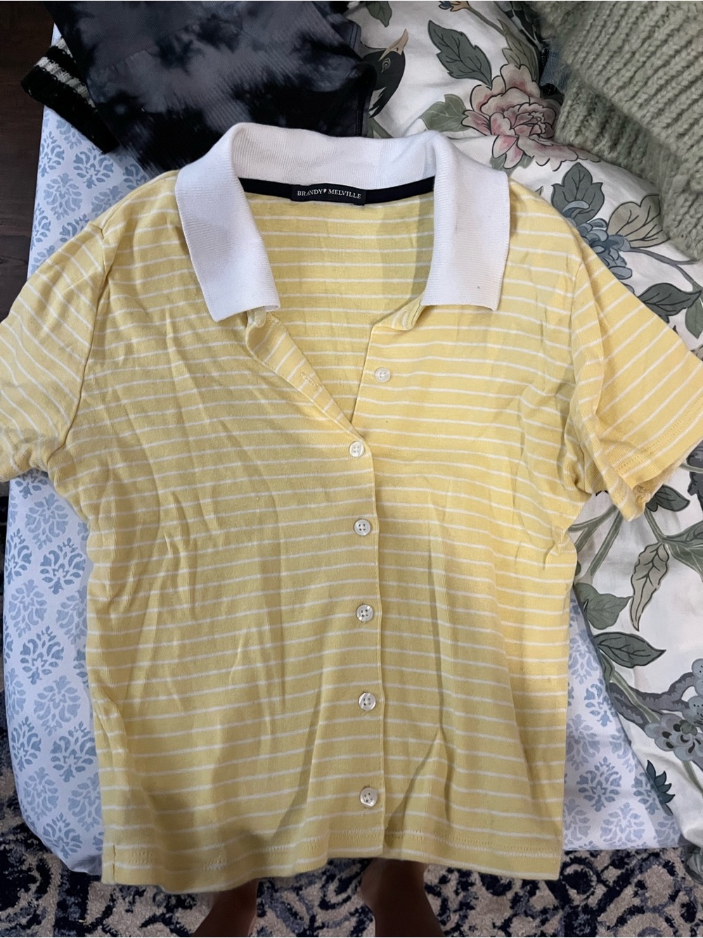 Brandy Melville Yellow & White Striped Polo Button-Down